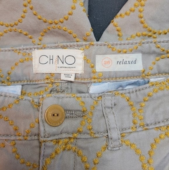 CHINO By Anthropologie Relaxed Circle Embroidered Khakis Pants Tan Yellow 26 - Picture 5 of 5